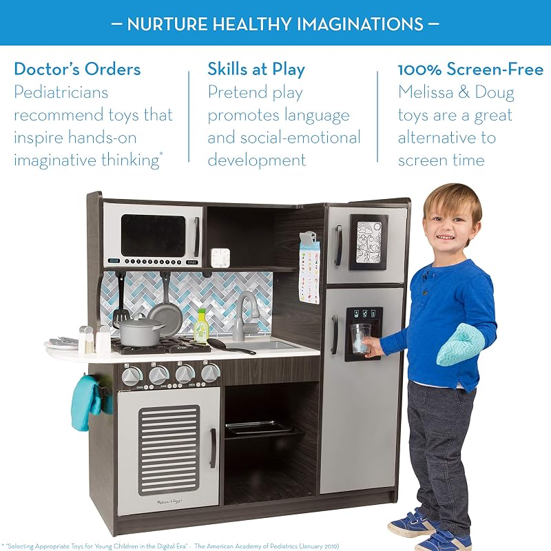 Cuisine-Jouet de Petit Chef en Bois pour Enfants - Gris Anthracite - Distributeur Inclus - Jeu de Cuisine pour Tout-Petits de 3 Ans et Plus