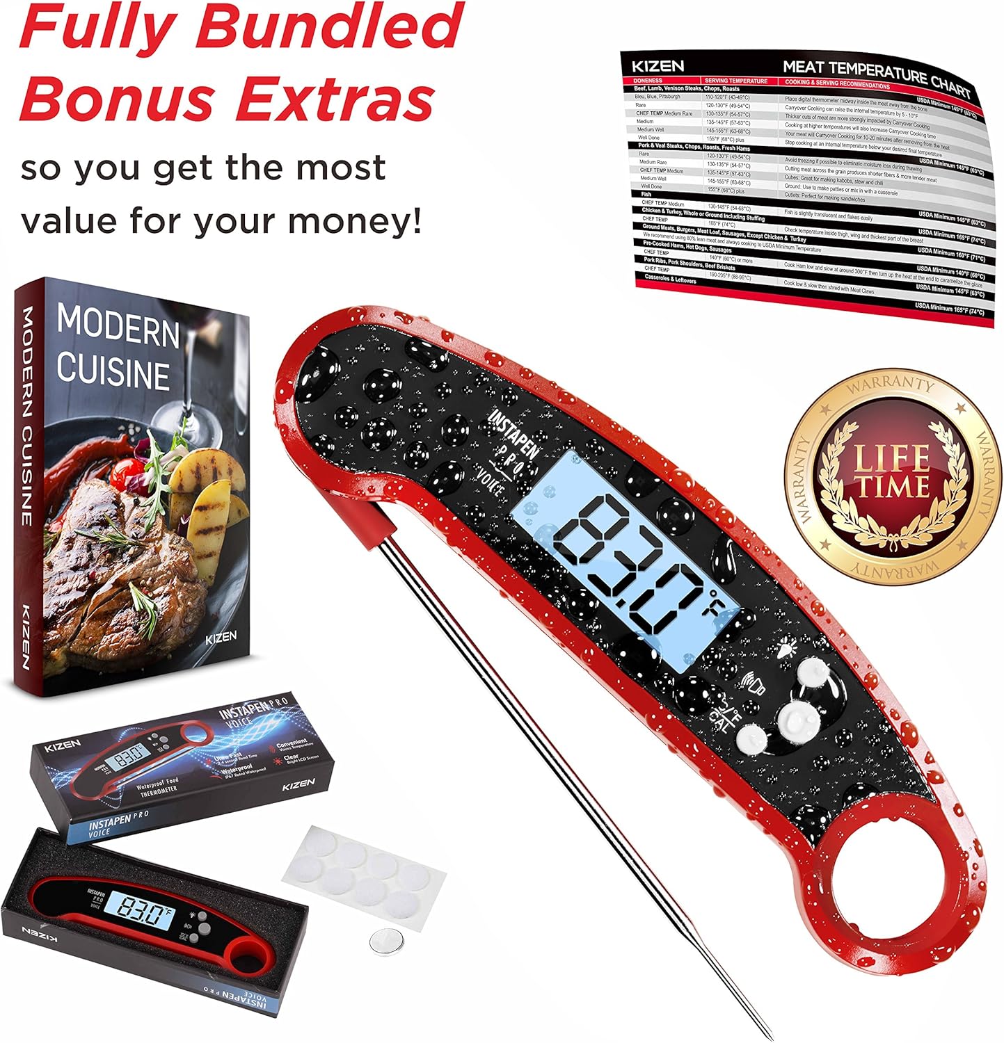 Kizen Instapen Pro Instant Read Meat Thermometer - Best Waterproof Thermometer with Talking Function, Backlight & Calibration. Digital Food Thermometer for Kitchen, Outdoor Cooking, BBQ, and Grill!: Industrial & Scientific