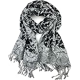 Plum Feathers Tapestry Ethnic Paisley Pattern Pashmina Shawl Scarf, Womens Pashmina Shawl Wrap with Fringes
