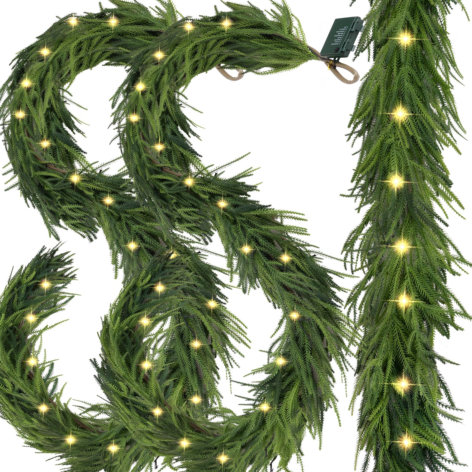 Photo 1 of *Not Pre * Pre- Christmas Garland Decorations 2 PCS,6 FT Faux Led Norfolk Pine Garland Artificial Realistic, Real Touch Greenery Christmas Pine Garland Mantle Table Front Door Indoor Outdoor Holiday Decor