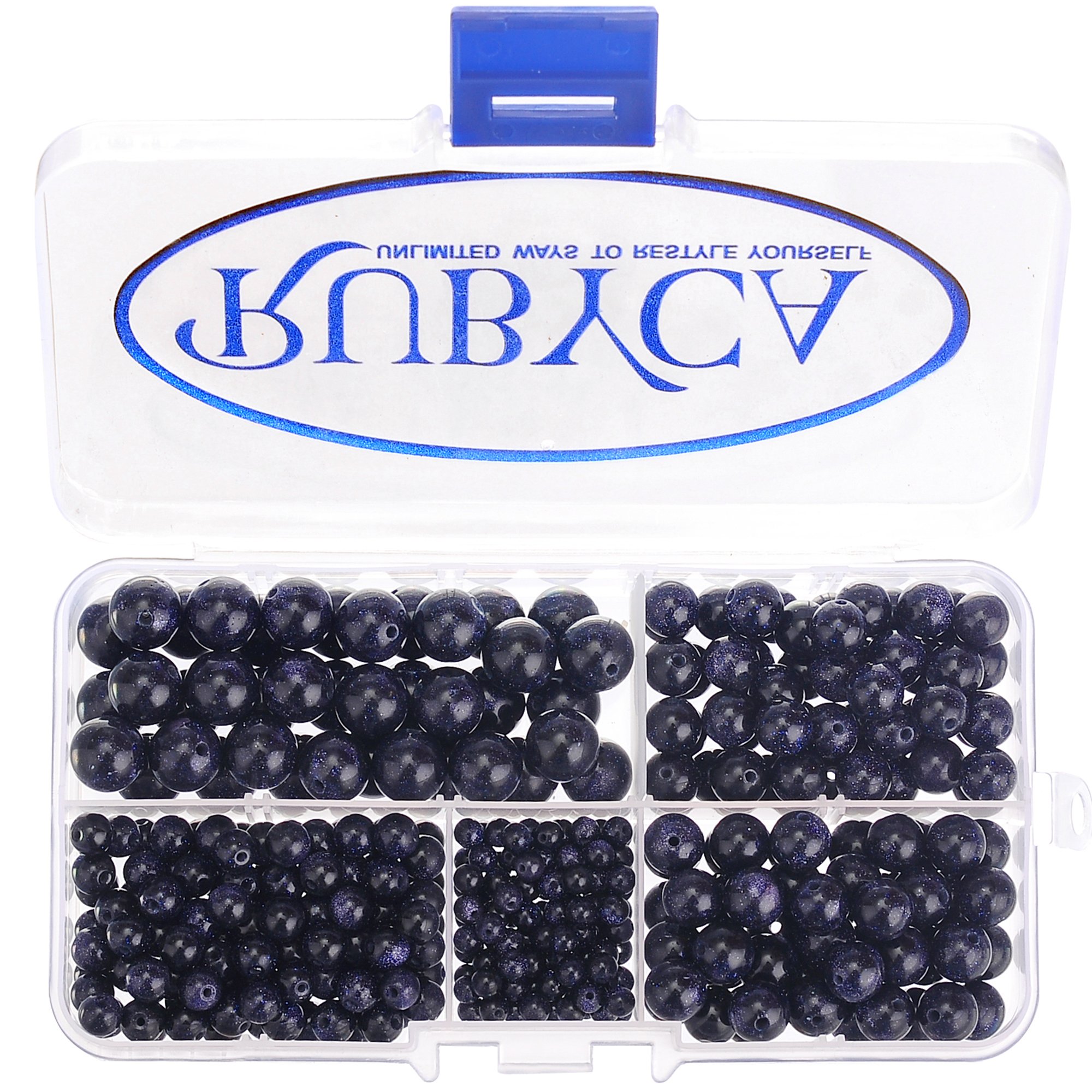 RUBYCA Blue Sand Man-made Glass Gemstone Round Loose Bead Organizer Plastic Box Jewelry Making Mix Sizes