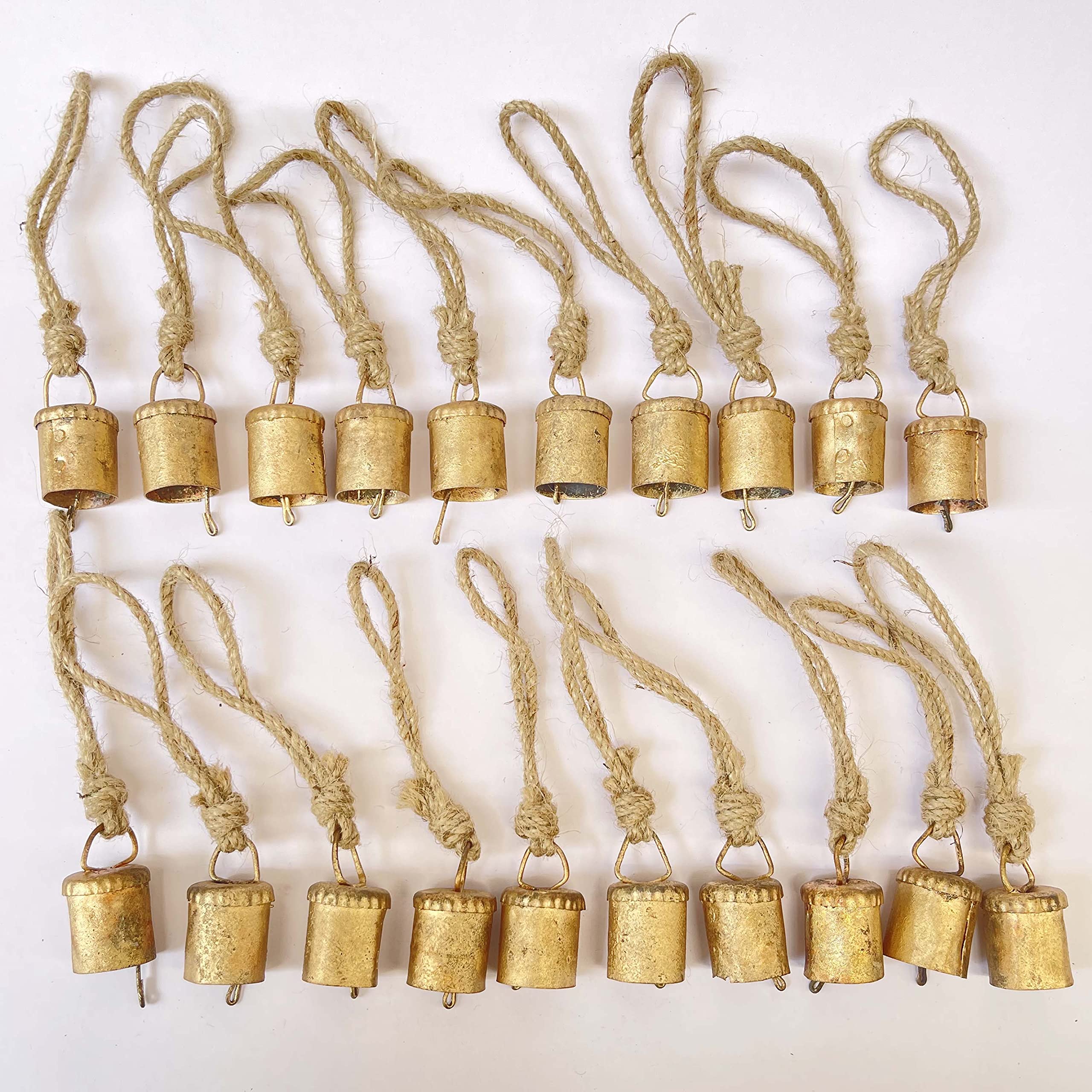 Vivanta 20 Pcs Rustic Gold Bells for Crafts, Vintage Christmas Decor, Small Jingle Bells, Witch Bells, Mini Cow Bells, Antique Hanging Metal Ornaments with Jute Rope Wind Chime – Boho Farmhouse Décor