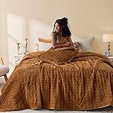 Wonderful Corduroy Stitch Caramel Quilt Set King, Striped Channel Stitch Flannel Lightweight Comforter, Pet-Friendly Classic Style Velvet Bedspread Coverlet Bedding Set for All Season, 106"x94"