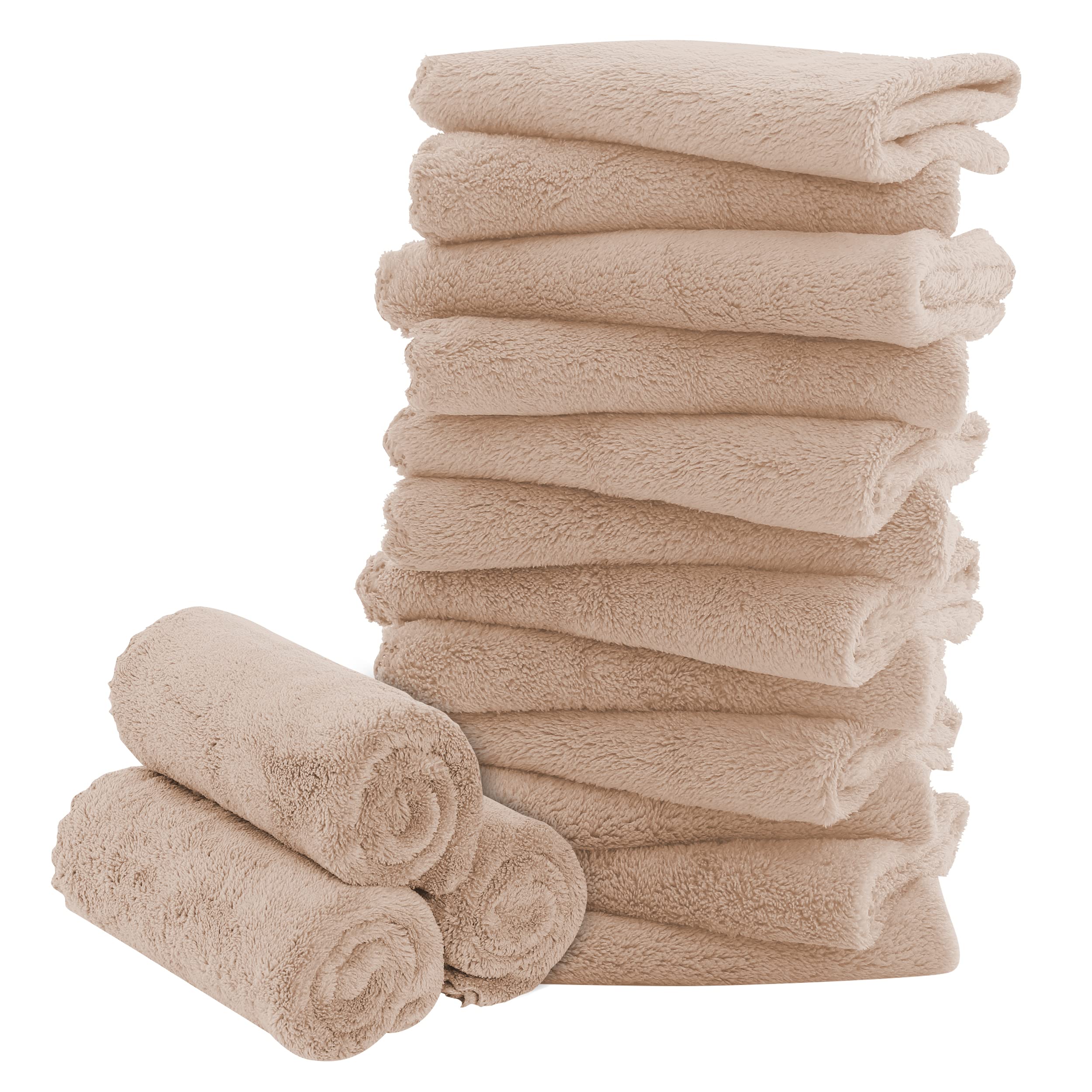 Photo 1 of 16 Pack Baby Washcloths - 10x10 Inch, Coral Fleece - Extra Absorbent and Soft Wash Clothes for Newborns, Infants and Toddlers - Suitable for Sensitive Skin and New Born - Baby Shower - Brown