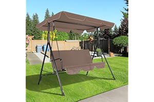 COVERONICS 3-Seat Outdoor Porch Swing, Patio Swing Chair with Adjustable Canopy & Durable Metal Frame, Garden Swings Chair with Removable Cushions for Backyard, Terrace, Lawn,Brown
