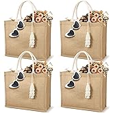 Woanger 4 Pack Burlap Tote Bags for Women Bridesmaid Jute Gift Bag with Handles and Tassels Reusable Grocery Bags for Wedding