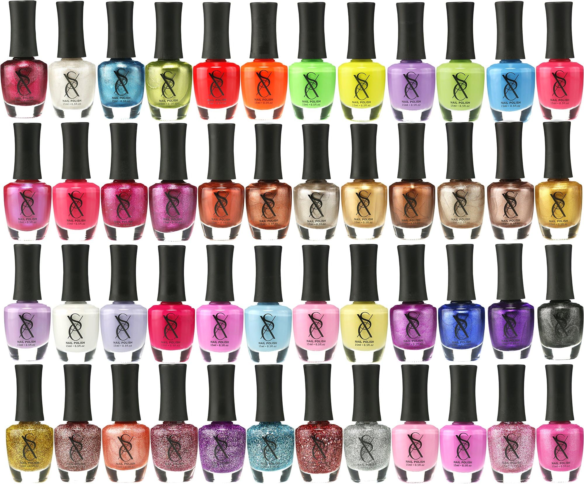 SXC Cosmetics Nail Polish Set, 15ml/0.5oz Full Size Nail Lacquer Gift lot (Pink, Metallic, Neon, Pastel, Gold & Glitter) (48 Color Set, 48 COLORS)