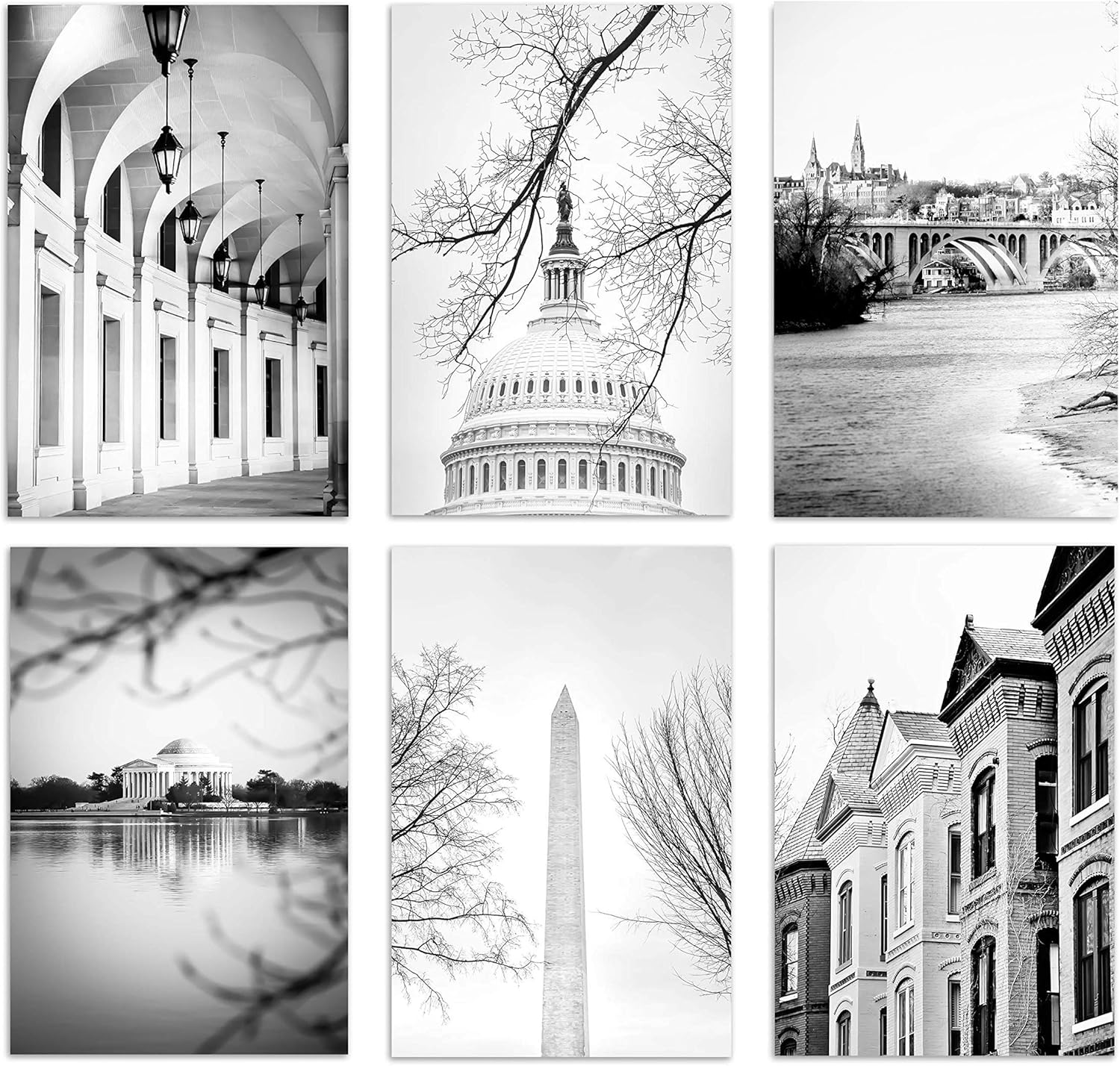 Photographs - Washington DC Art - Set of 6 Photography Prints - 5x7 inches - Unframed - Black and White Photography featuring the Jefferson Memorial, Washington Monument, Georgetown, the Capitol and Architecture