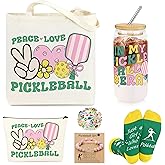 JoycuFF Pickleball Gifts for Women Pickleball Stuff Accessories for Girls Include 16OZ Glass Cup, Tote Bag, Makeup Bag, Bracelet, Funny Socks, Stickers Birthday Gifts for Sport Lovers & Players