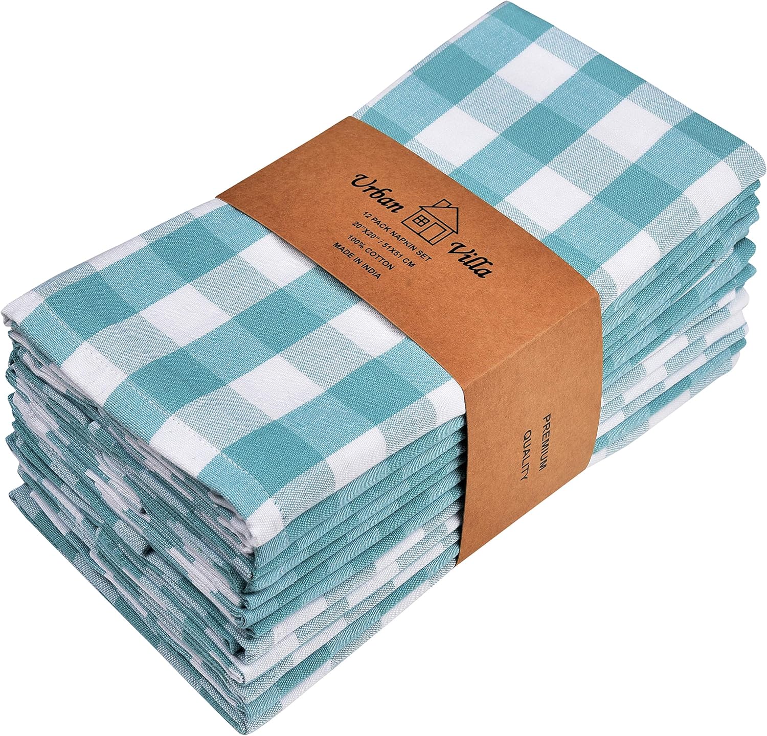 Urban Villa Dinner Napkins, Everyday Use, Premium Quality, 100% Cotton, Set of 12, Size 20X20 Inch, Aqua/White Over Sized Cloth Napkins with Mitered Corners, Ultra Soft, Durable Hotel Quality: Kitchen & Dining