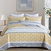 MEIZIZI King Bedding Set, Cotton Quilt King Size, Yellow White Grey Comforter, Farmhouse Striped Bed Set, Lightweight Bedspread All Season, 3 Piece
