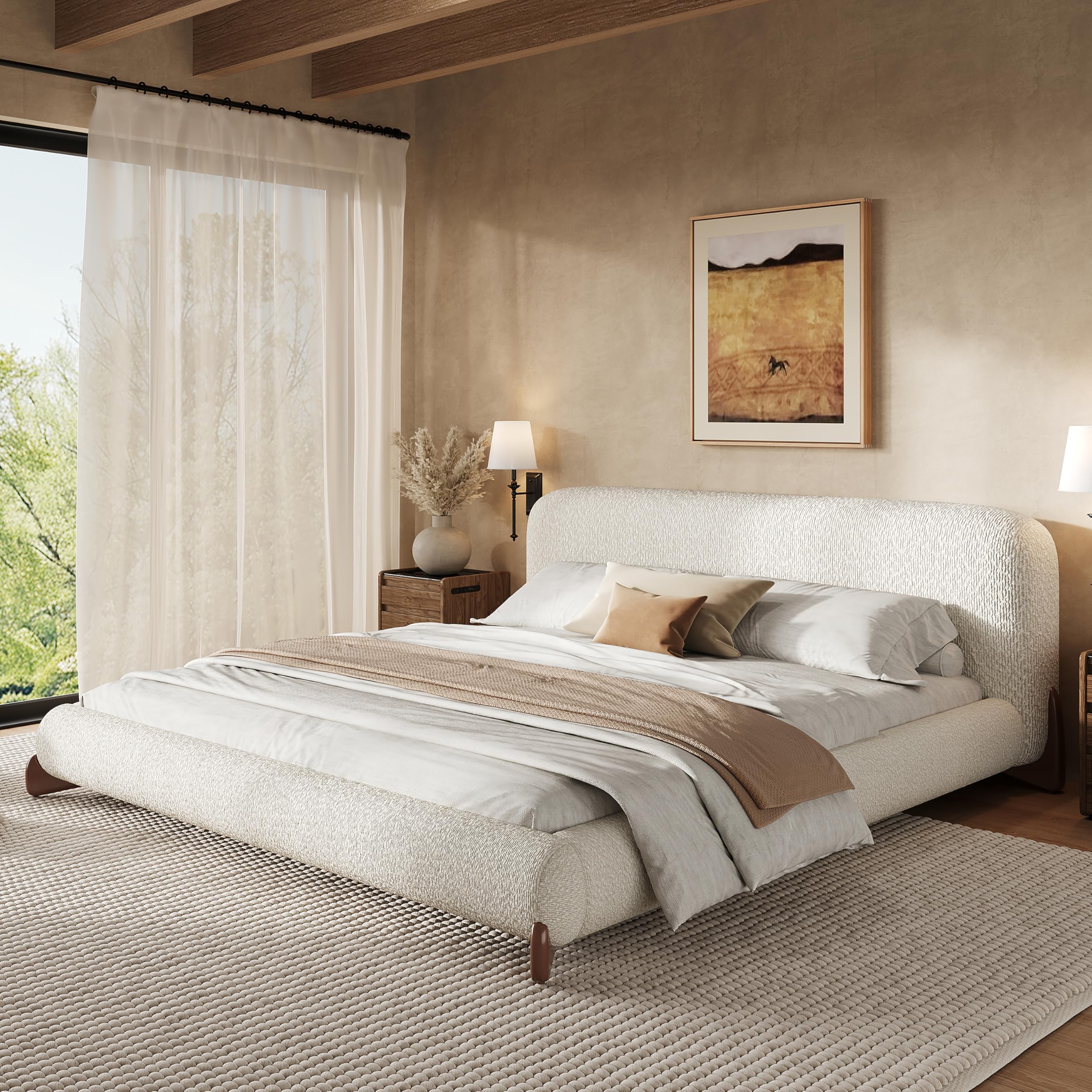 Photo 1 of ***BOX 1 OF 2 ONLY***Merax King Size Upholstered Platform Bed with Boucle Thick Headboard, Solid Wood Anchor Legs, No Box Spring Needed, White