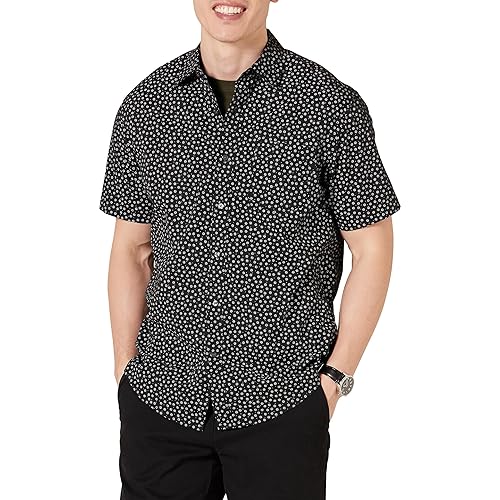 Amazon Essentials Men's Regular-Fit Short-Sleeve Print Shirt, Black Floral, Small