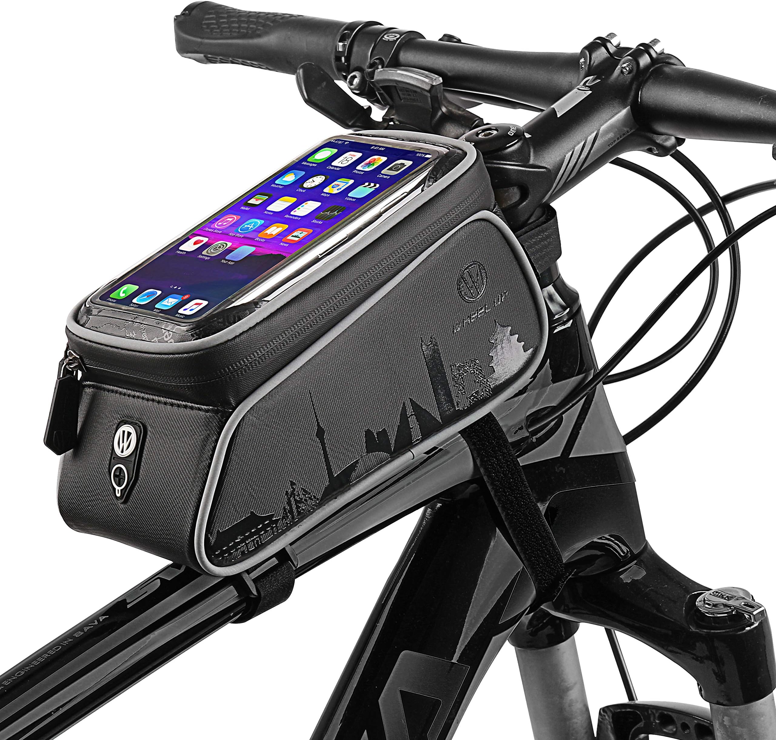 RIOGOO Bike Frame Bag, Waterproof Touch Screen Bicycle Handlebar Bag Top Tube Front Pouch Holder for iPhone 8 7 plus 6s 6 plus 5s 5 / Samsung Galaxy s7 s6 Note 7 edge below 6.0inch, for all Bike Types