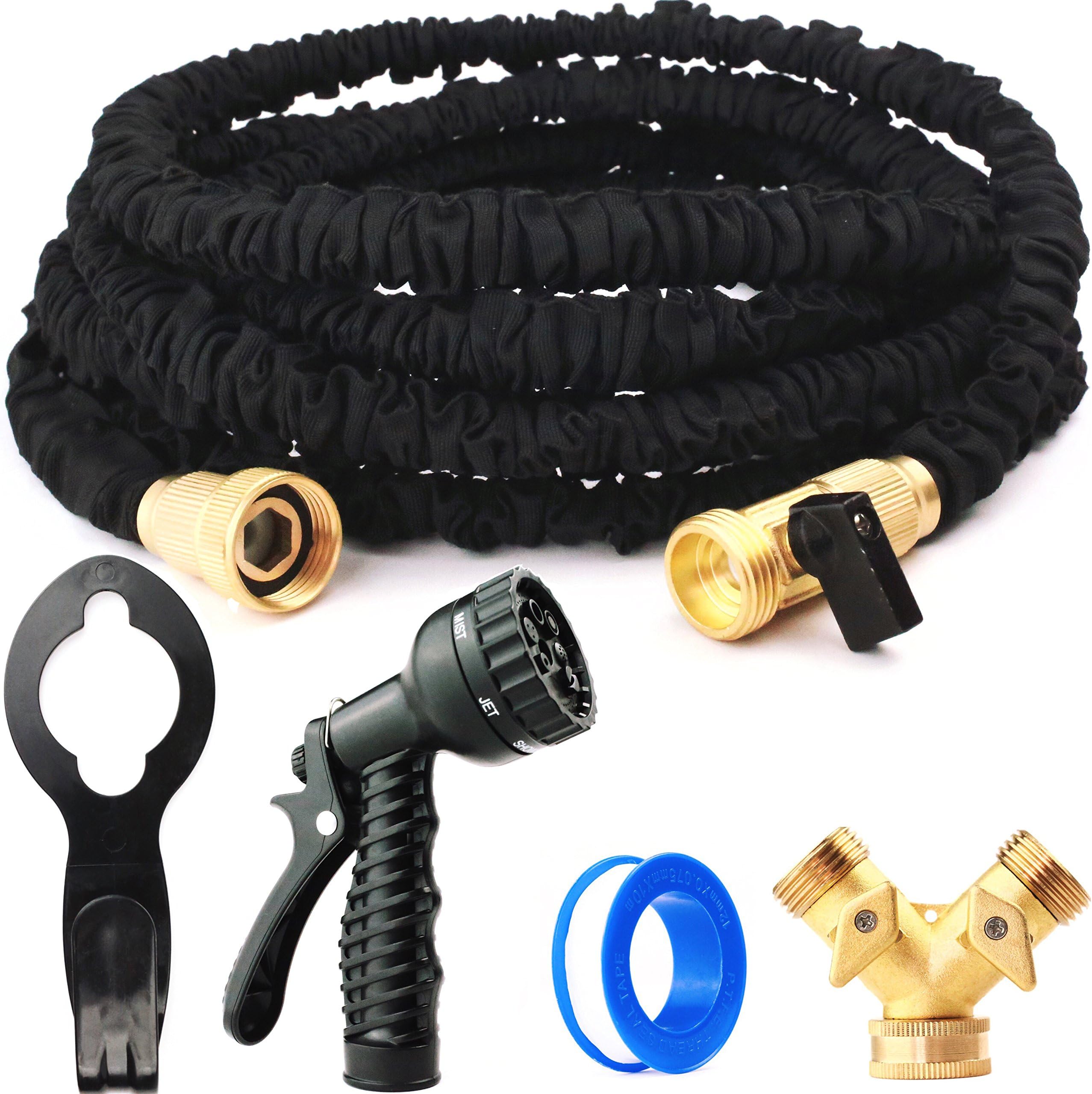 New Version FULL SET 75ft Heavy Duty Expandable Hose, Upgraded Brass Fittings, Shut-off Valve, Flexible, Expanding Garden and Utility Water Hose, 75 foot, Sprayer, Hanger, Splitter Adapter, Tape