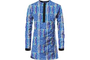 ATLYCOLOR African Mens Shirt Slim Fit Traditional Long Sleeve Dashiki Print Cotton Wax Cloth Top