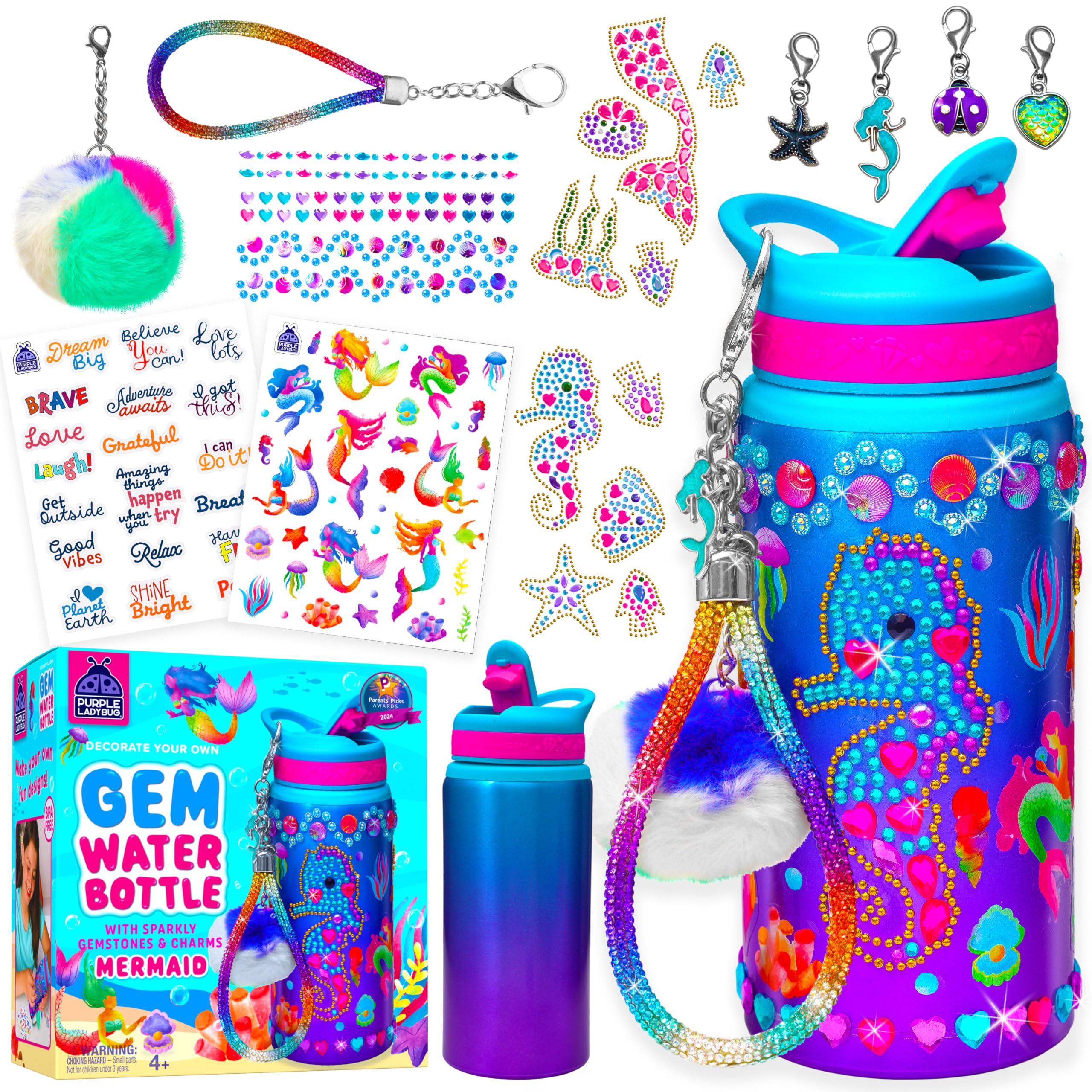 PURPLE LADYBUG Decorate Your Own Mermaid Water Bottle Craft Kit for Girls - 5 6 7 8 Year Old Girl Gift Birthday, Easter Gifts for Kids, Craft Kit for Kids Mermaid Gifts for Girls