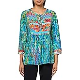 john mark womens Embroidered Multi Print Tie Front Tunic With Three Quarters Sleeves