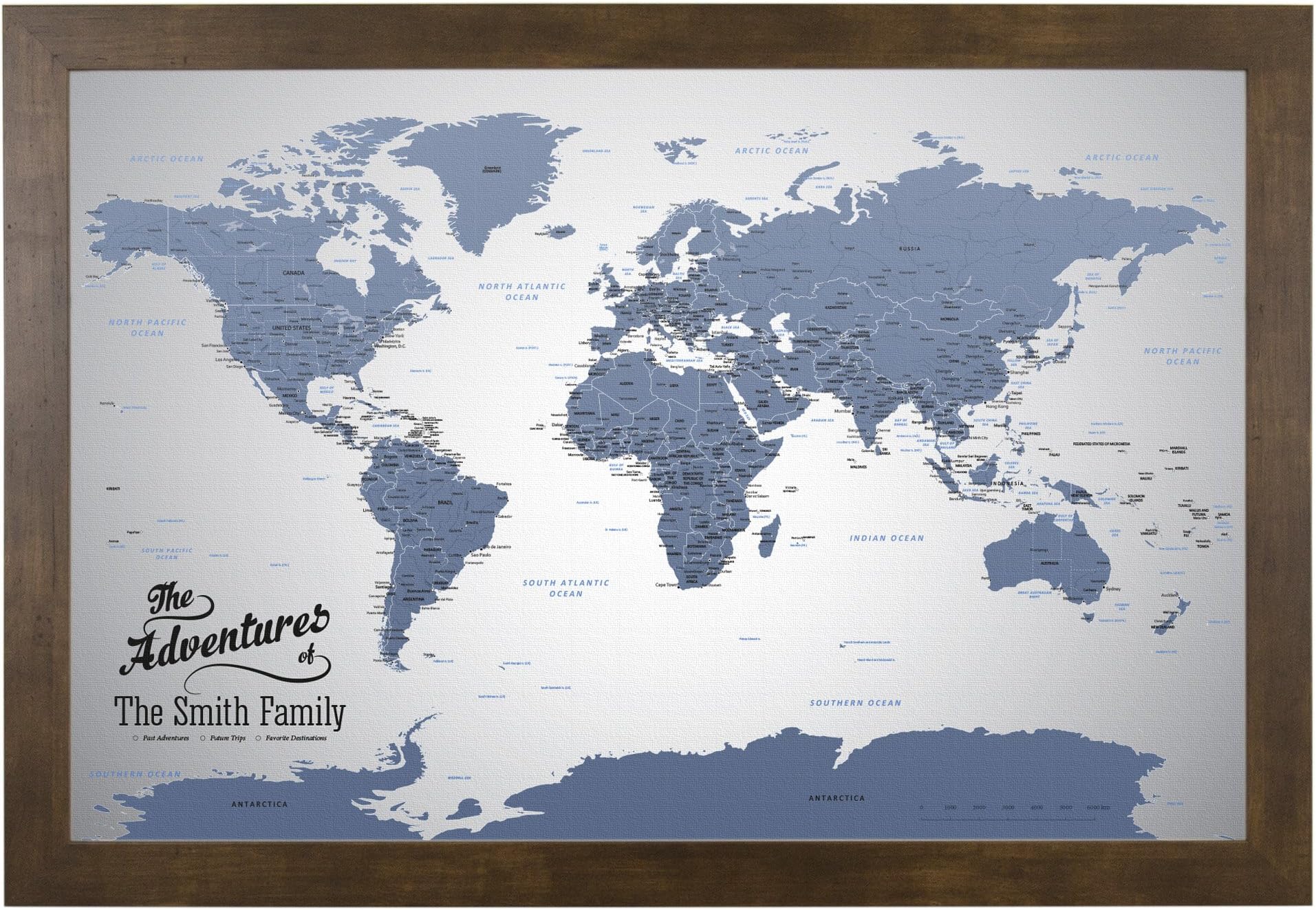 Push Pin Travel Maps Canvas - Personalized Blue Ice World with Rustic Brown Frame