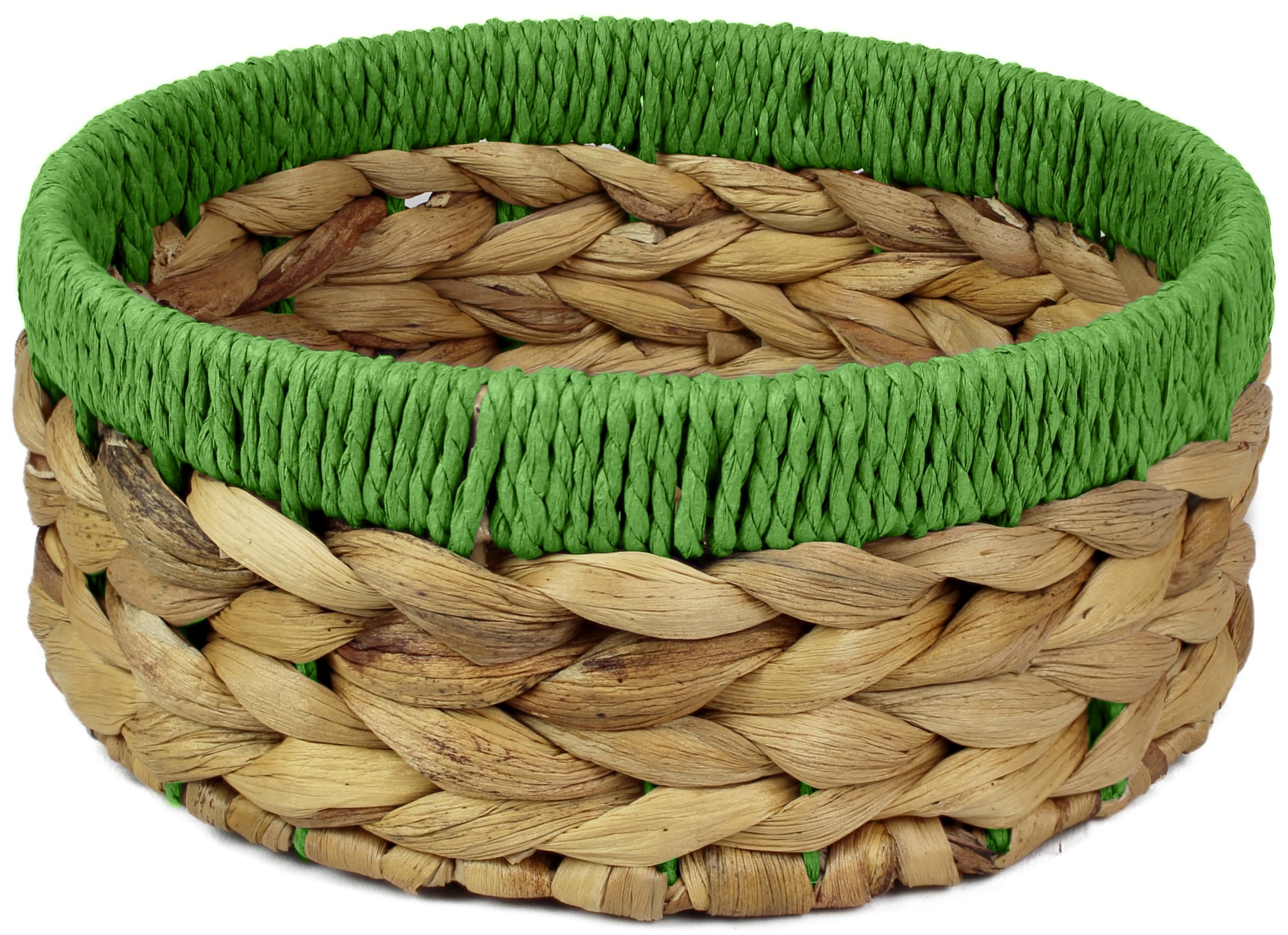 Small Water Hyacinth round baskets for storage Natural Green edges for shelves open hamper. Decorative gift mini tray make up Kitchen organiser (1 x Pack, Large 22cm)