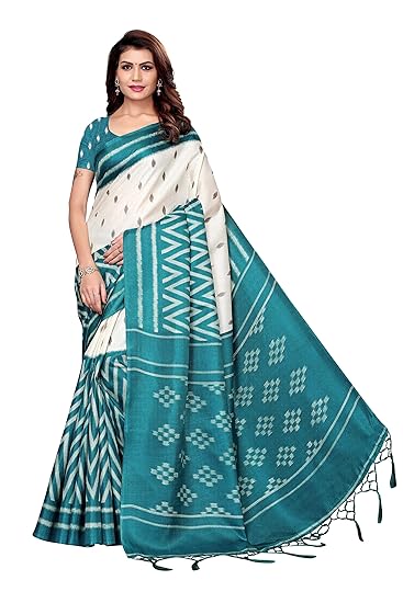 Womens Kalamkari Silk Printed Saree Border Tassels With Blouse Piece�
