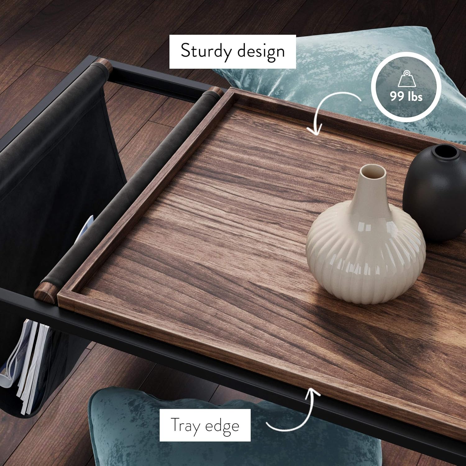 Nathan James Felix Modern Coffee Table with Wood Tray Top Vegan Leather Storage and Industrial Matte Steel Rectangle Metal Frame, Nutmeg/Black: Kitchen & Dining