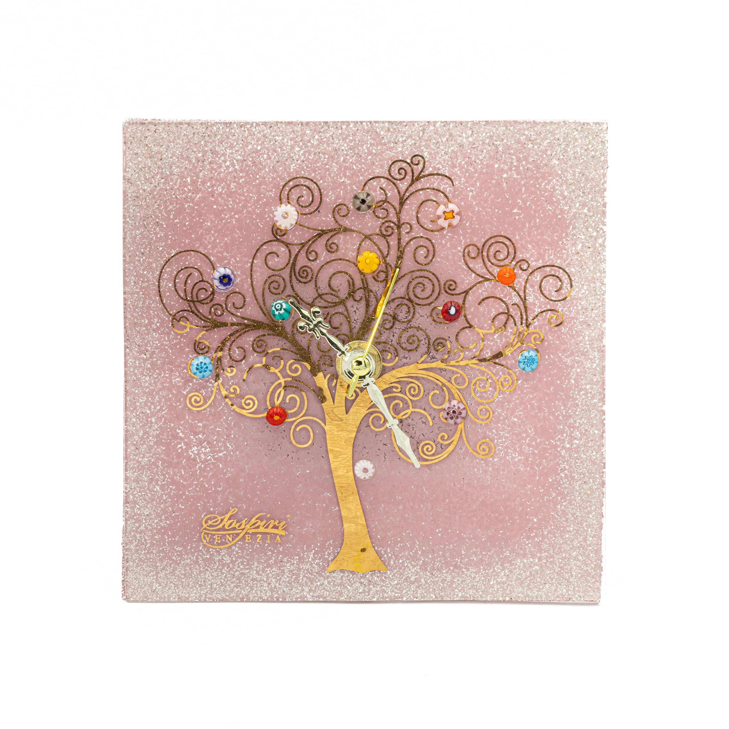 Sospiri Venezia Table Clock Murano Glass Silent Mechanism Decorated with Murrines and Gold Leaf Gift Handmade Made in Italy (19x19)