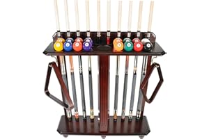 ISZY Billiards Pool Stick Rack - Cue Rack Only - Wood Floor Stand Holds 10 Pool Sticks and a Full Set of Balls - Billiards Accessories - Mahogany