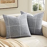 YZJZEDS 2 Packs Grid Embroidery Throw Pillow Covers, 20x20 Inch Blue Ashes, Farmhouse Linen Decorative Blue Ashes Cushion Covers for Sofa Bed Living Room Home Decor