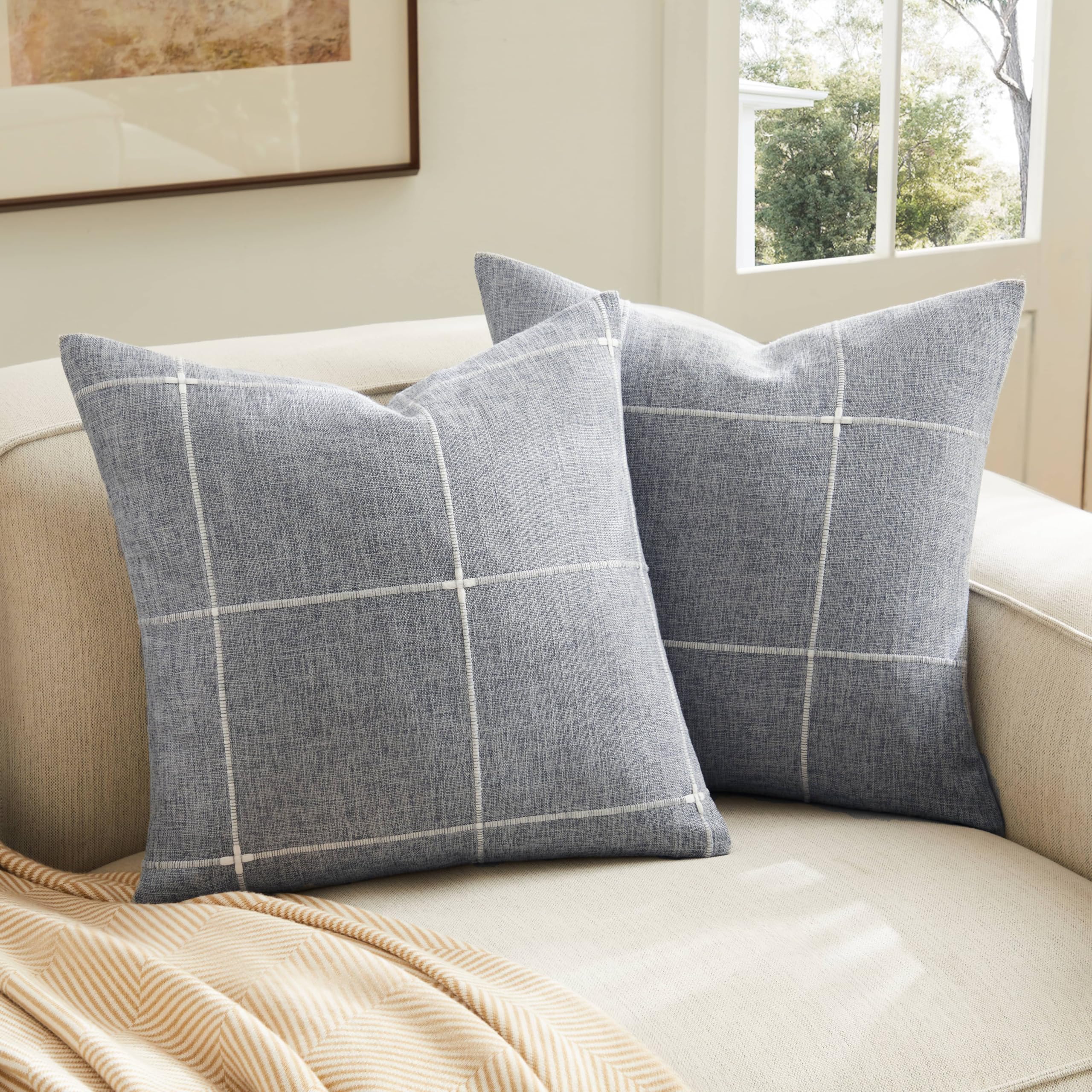 YZJZEDS 2 Packs Grid Embroidery Throw Pillow Covers, 20x20 Inch Blue Ashes, Farmhouse Linen Decorative Blue Ashes Cushion Covers for Sofa Bed Living Room Home Decor
