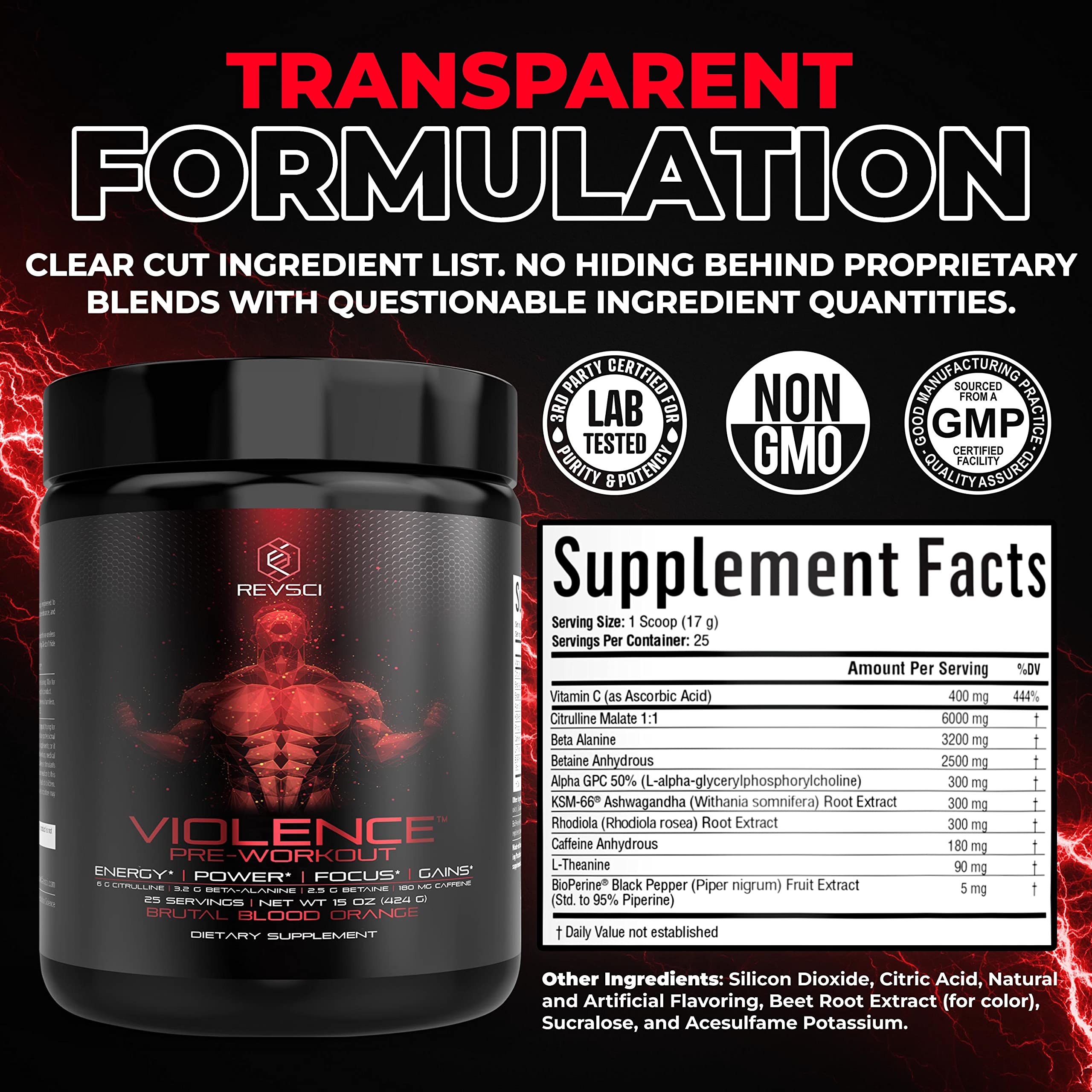Violence Pre Workout Powder for Men & Women, Clinically Dosed Preworkout, 180 mg Caffeine + L-Theanine, L Citrulline Malate, Beta Alanine, Alpha GPC - 25 Servings, Blood Orange - Energy, Focus & Pump