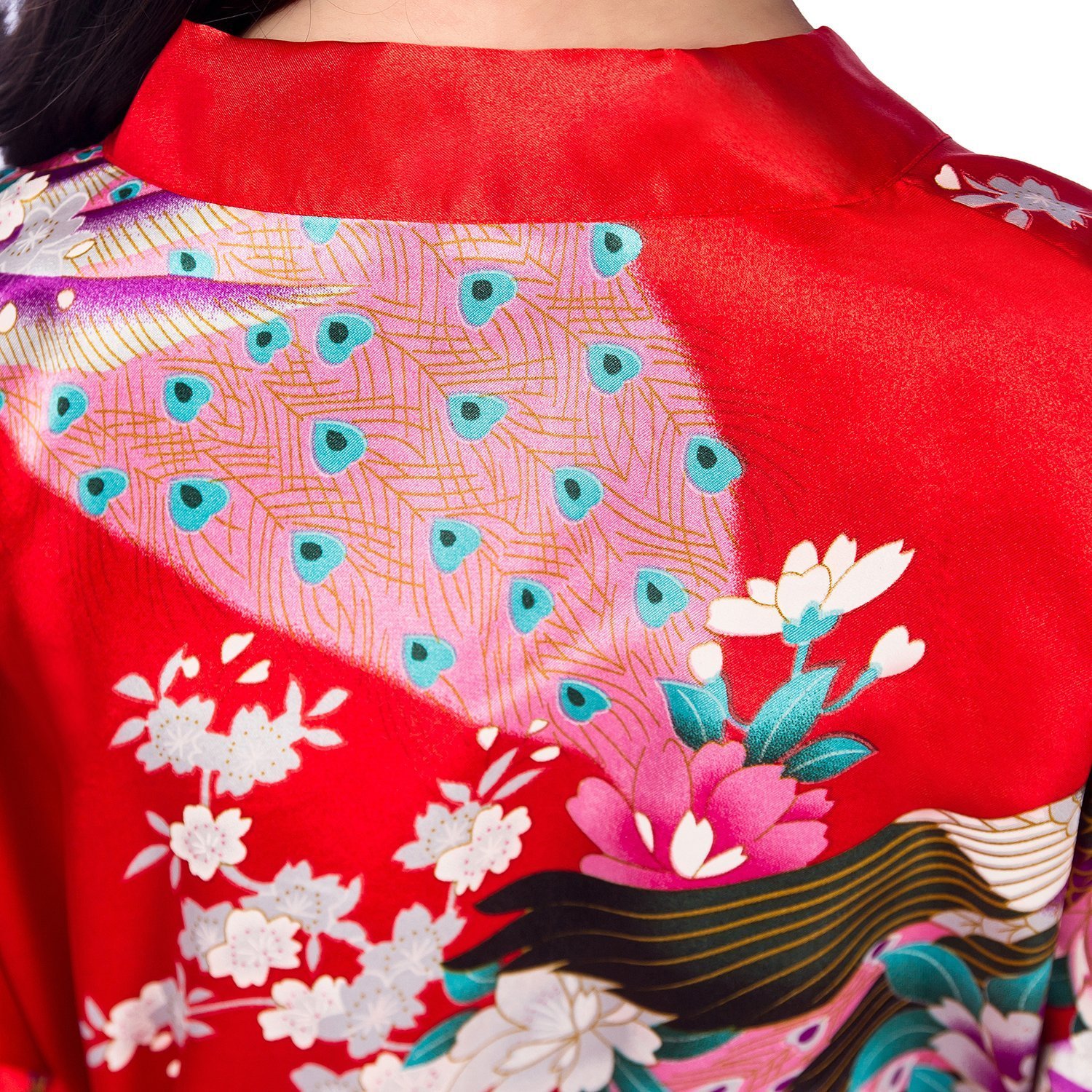 CHENGYANG Donna Pigiama Kimono Vestaglie Stile Lungo Pavone E Fiore Stampa Raso Accappatoio - 4