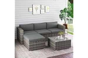 Wisteria Lane 5-Pieces Outdoor Patio Furniture Set, All Weather Wicker Rattan Sectional Sofa, Patio Conversation Set with Cushions & Glass Coffee Table for Backyard Porch Garden Balcony, Grey