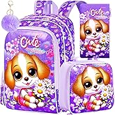 TXHVO 16" Girls Backpack, 3Pcs Dog School Bookbag with Lunch Box, Kids Backpacks for Elementary Preschool Kindergarten(Purple)