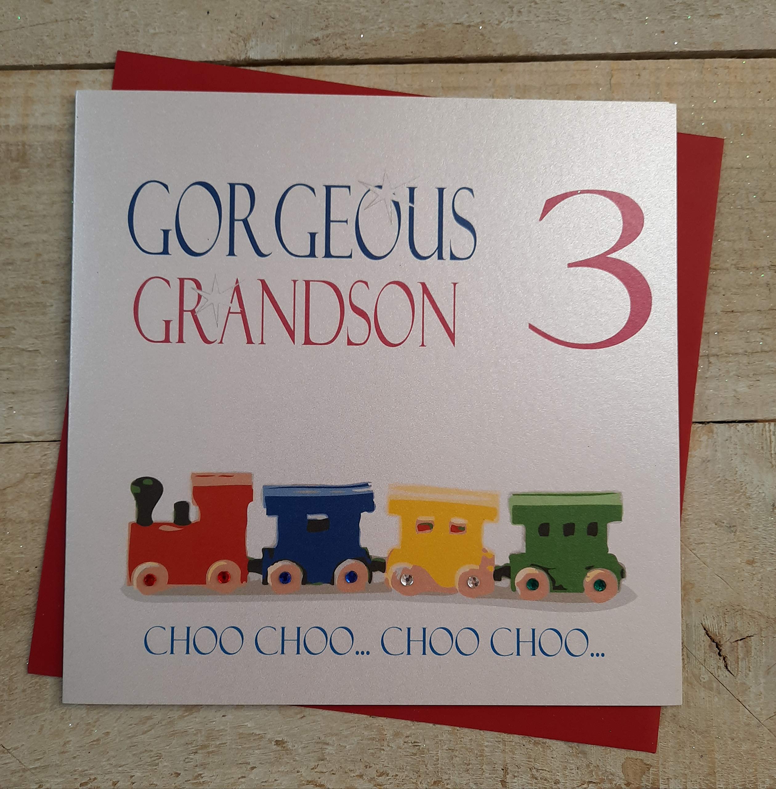 white cotton cards Gorgeous Grandson 3 Choo.Choo.Choo.Choo, Handmade 1st Birthday Card (Code N215-GS3, Train Set)