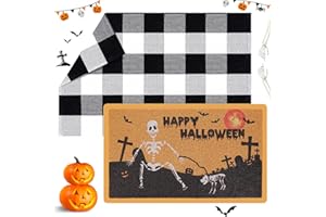 FRAKRON 2 PCS Halloween Skull Door Mat Happy Halloween Doormat Skeletons Doormat Halloween Door Mat with Black White Check Carpet Buffalo Plaid Rug for Indoor Outdoor Entrance Porch Decor
