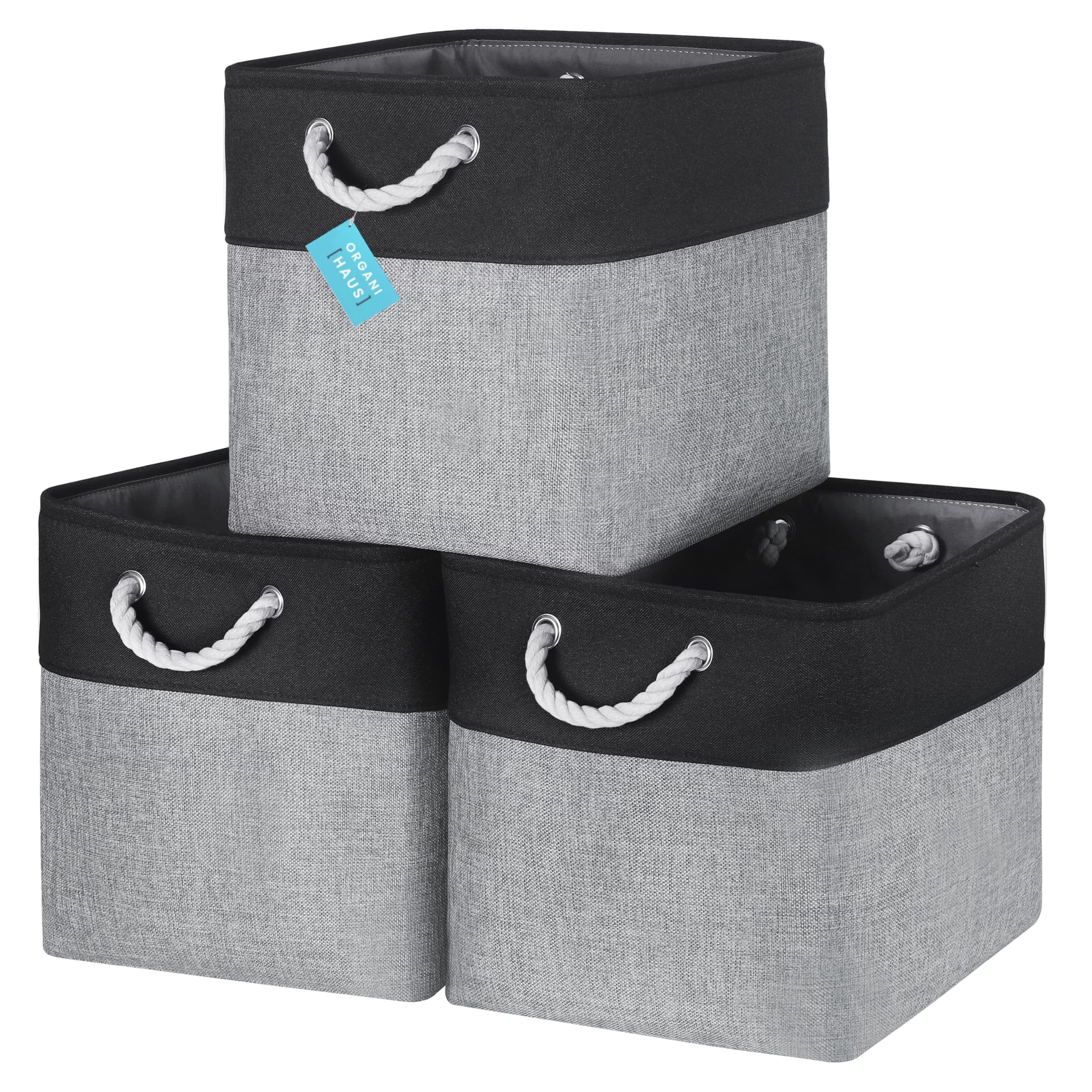OrganiHaus Fabric Storage Boxes, Set of 3 Foldable 33X33 Cube Organiser Bins with Rope Handles for Shelves, Nursery & Closet, Collapsible Storage Baskets for Toys, Clothes & More - Grey/Black