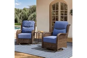 NUSBAY Outdoor Swivel Rocker Patio Chairs with 6-Inch Thick Cushions and Side Table, 3PCS High Back Wicker Patio Furniture Set for Porch, Balcony, Deck and Yard in Blue