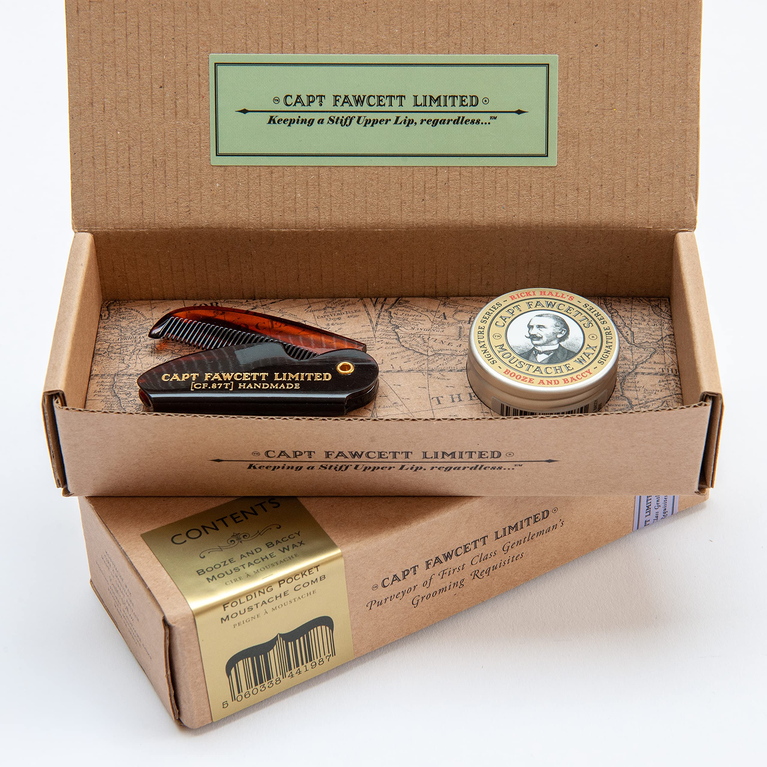 Captain Fawcett Moustache Wax (Booze & Baccy) & Folding Pocket Moustache Comb (CF.87T)
