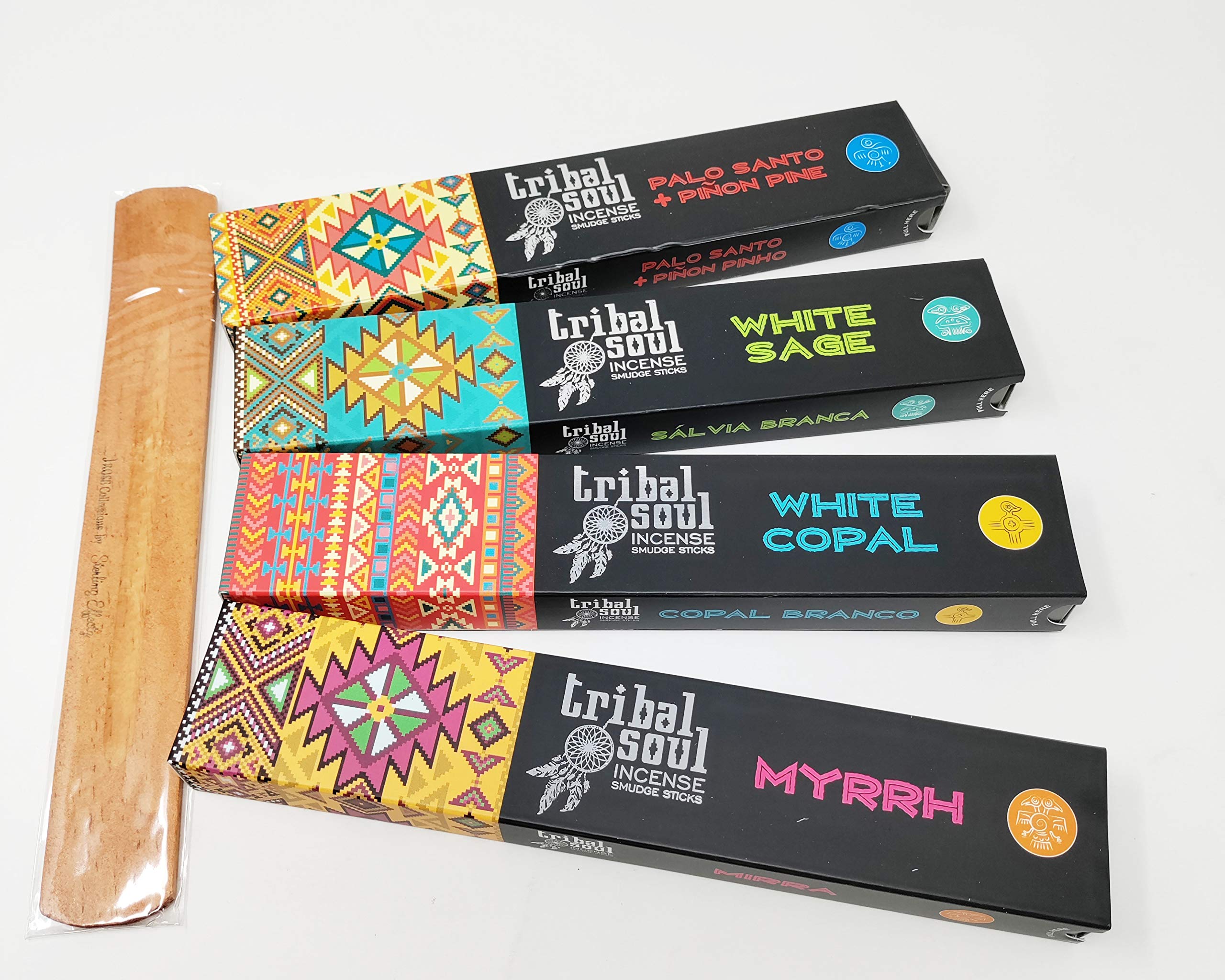 Tribal Soul Incense Sticks Set – 4 Fragrances: Palo Santo & Piñon Pine, White Sage, White Copal, Mirra – Hand Rolled Smudge Sticks with JRose Wooden Holder for Meditation & Relaxation TS2