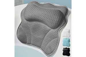 WONDERfoam Thick Padded Ergonomic Bath Pillow for Tub, Bathtub Headrest Neck and Back Support, Strong Suction Cups, Machine Washable Breathable Mesh Quick Dry Pillows, Luxury Spa Accessories, Gray