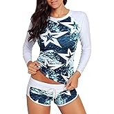 Runtlly Womens Rash Guard Swimsuit Long Sleeve Sun Protection Sport Printed Wetsuit Two Piece Swimsuit Set UPF 50+