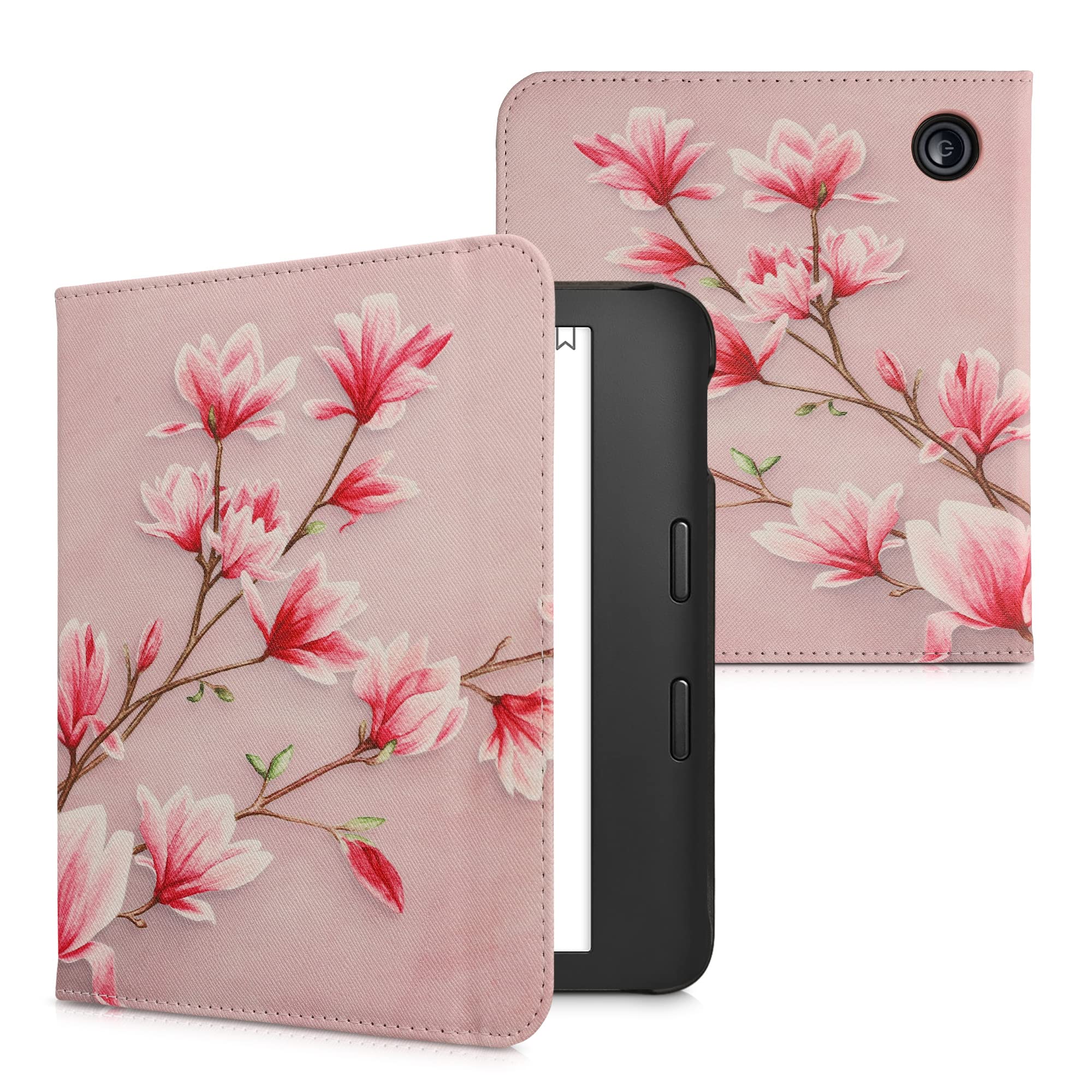 kwmobile Cover for Kobo Libra 2 Case - eReader Cover with hand strap and auto sleep funktion - Magnolias with Pink/White/Dusty Pink