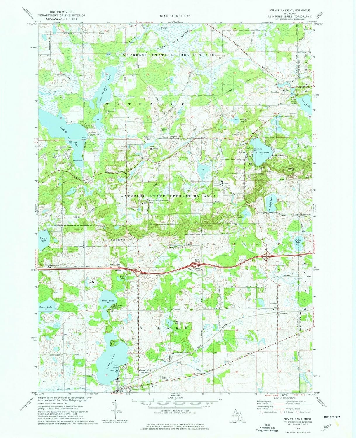 Michigan Maps 1973 Grass Lake, MI USGS Historical Topographic Wall Art 24in x
