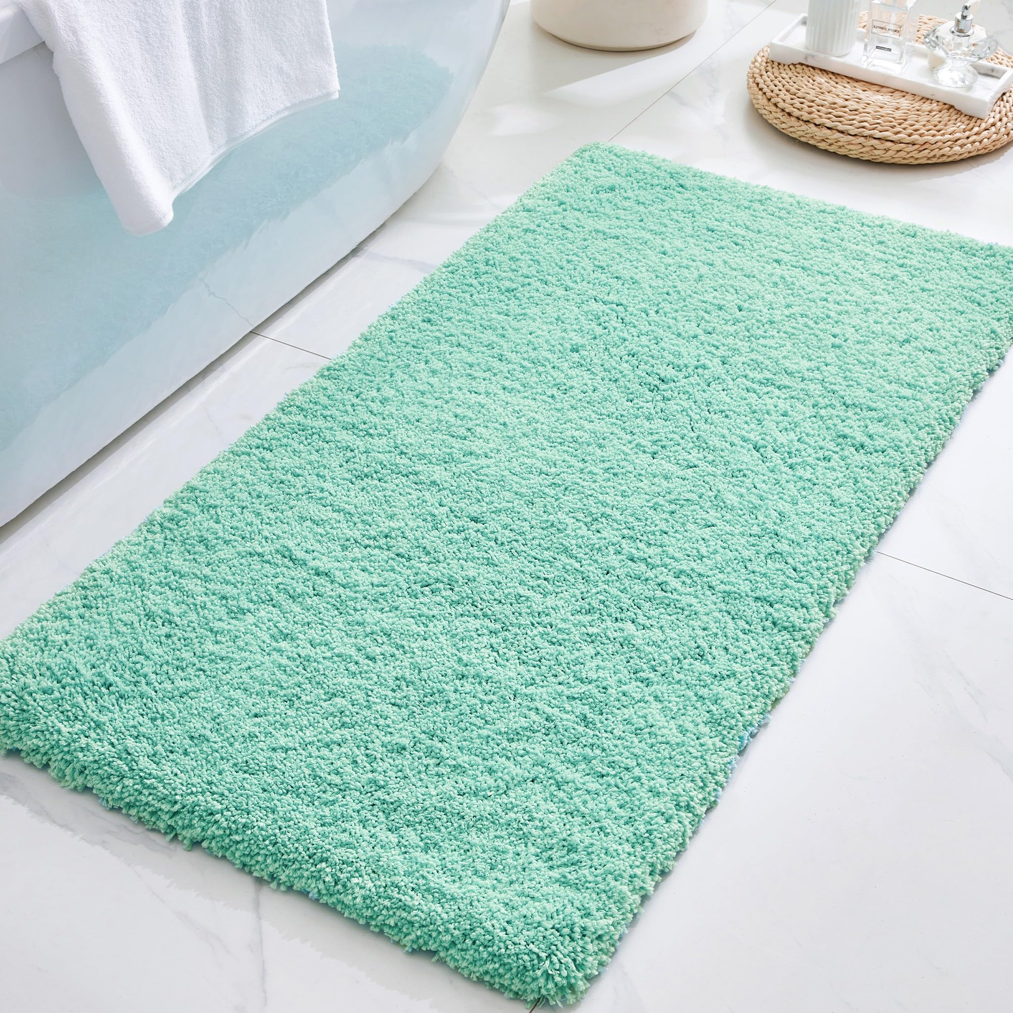 Photo 1 of ILANGO Spa Blue Bathroom Rugs 48" × 24" Non Slip & Super Absorbent Extra Thick Soft, Washable Bath Mat for Floor, Microfiber Plush Shaggy Bath Rug with Rubber for Bathtub Shower Room Sink