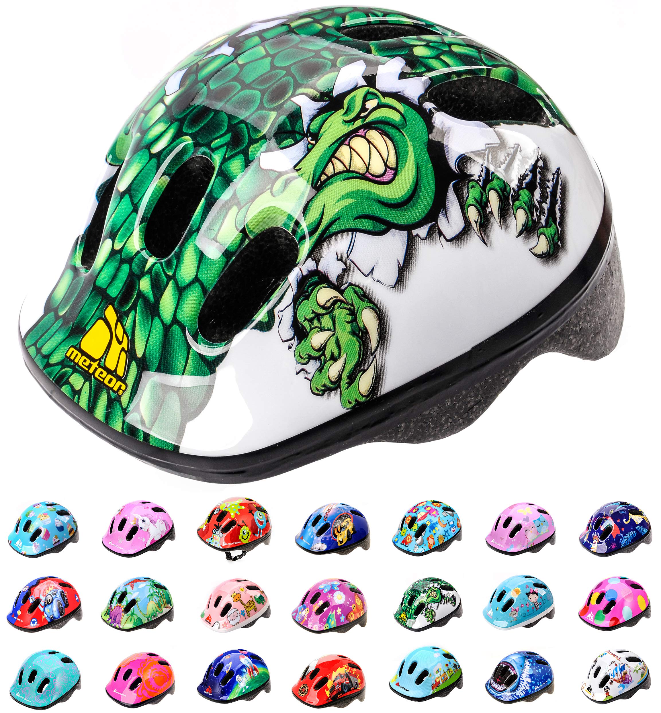 Meteor Kids Bike Helmet Crocodile XS 44-48 cm, Toddler & Child Cycling Helmet, Lightweight Adjustable Scooter & Skate Helmet with Airflow Vents, Washable Padding, Safety Head Protection