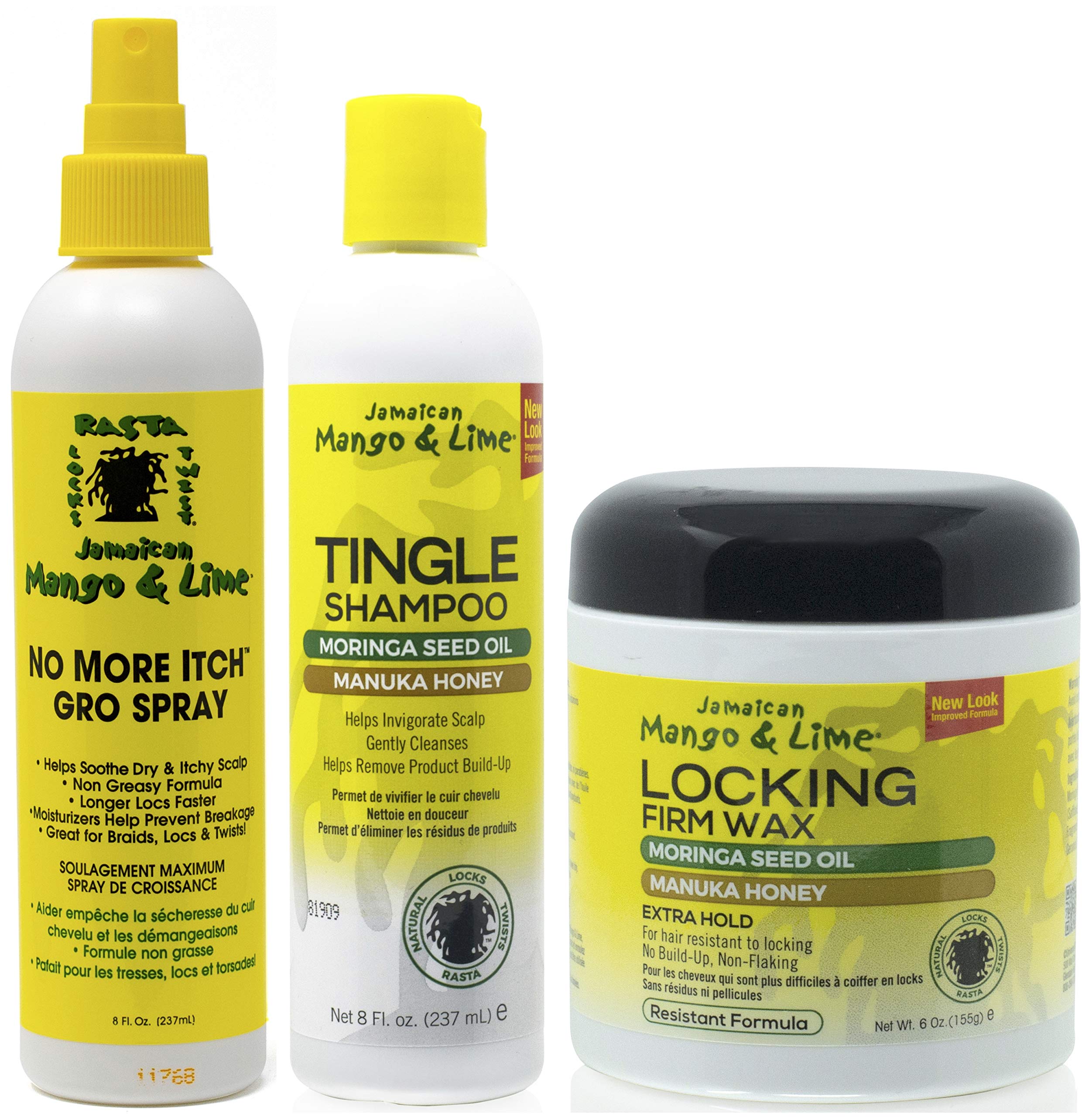 Jamacican Mango & Lime No More Itch Grow Spray 8oz with Tingle Shampoo 8oz & Locking Firm Wax 6oz