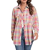 Oyamiki Womens Casual Cuffed Long Sleeve Boyfriend Button Down Plaid Flannel Shirt Tops