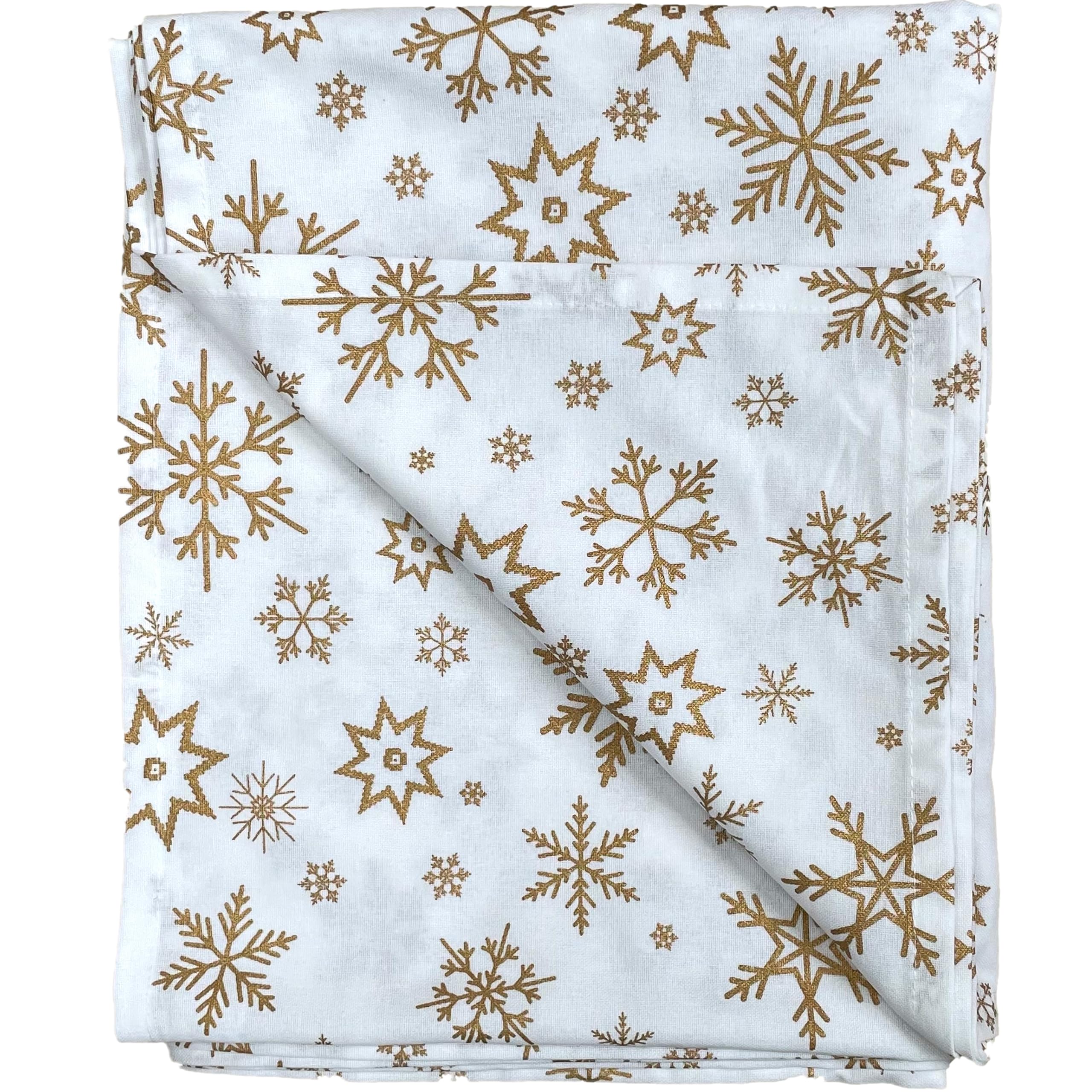 Ragged Rose Christmas Table Cloth - Festive Linen Tablecloth with Nordic Style Prints for Living Room & Kitchen - Cotton Tablecloth That Fits a 6-7 Ft Table - Gold Snowflakes Print