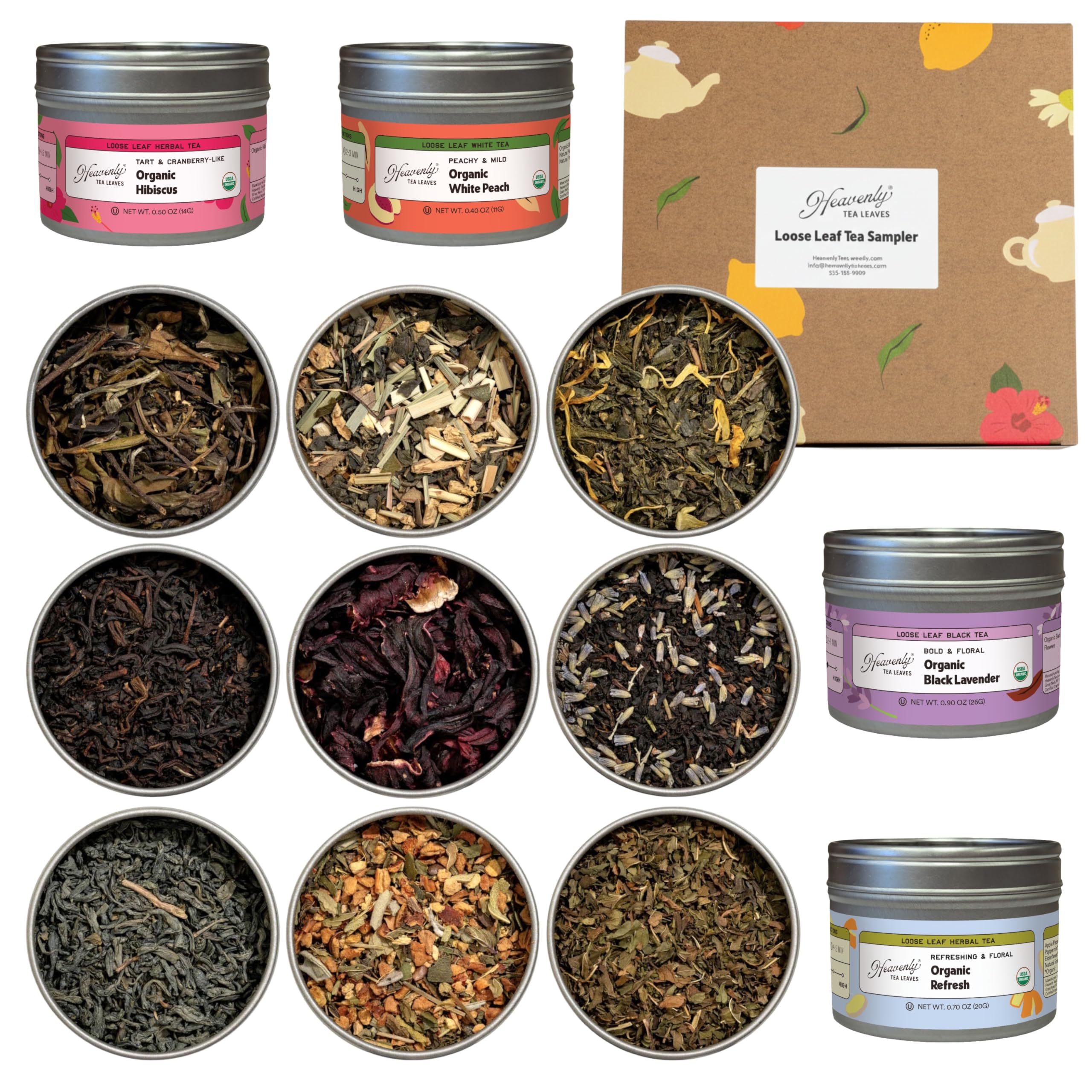 Heavenly Tea Leaves Assorted 9 Loose Leaf Tea Gift Box, 9 Teas & Herbal Tisanes (Approx. 90 Servings) - Variety Pack, Caffeinated & Caffeine Free Mix